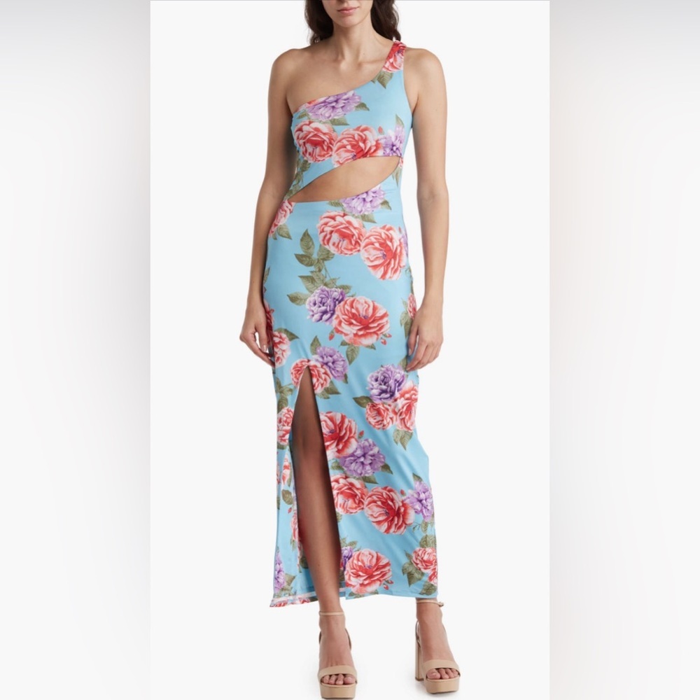 NWT AFRM Lumi Floral One Shoulder Cutout Maxi Dress Blue Bouquet Size S